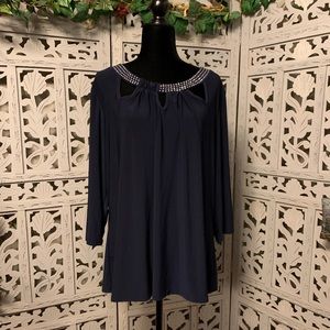 DIANA BELLE PRETTY NAVY BLUE STRETCHY MID SLEEVE TOP WITH JEWEL ACCENTS
